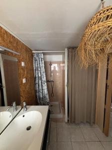 グリュイッサンにあるAu cœur du village de Gruissanの洗面台とシャワー付きのバスルーム