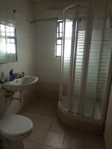 a bathroom with a shower and a toilet and a sink at Thalia apartment in Nairobi