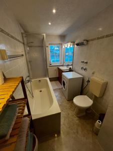 a bathroom with a tub and a toilet and a sink at Ferienwohnungen Carlsfeld in Eibenstock +101 photos