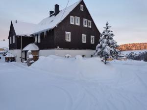 a black barn in the snow with a christmas tree at Ferienwohnungen Carlsfeld in Eibenstock