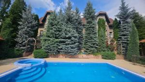 a swimming pool in front of a house with trees at Villa Hills in Chimgan