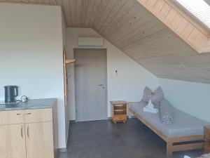 a living room with a couch in a attic at Agroturystyka Żuczek nad jeziorem in Suwałki