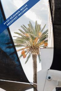 a palm tree in front of a building at Hôtel Les Voiles in Toulon
