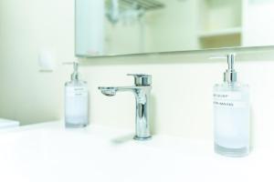 two soap bottles are sitting on a bathroom sink at Le Petit Jardin - Charmant studio pour 2 personnes centre historique in Clermont-Ferrand +18 photos
