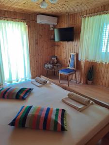 Cette chambre comprend un lit avec deux oreillers et une télévision. dans l'établissement Apartments Neno, à Korčula