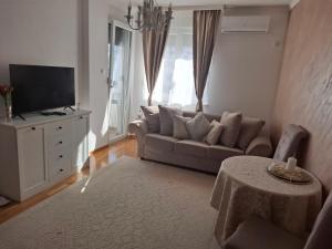 a living room with a couch and a tv at Cozy in Petrovaradin
