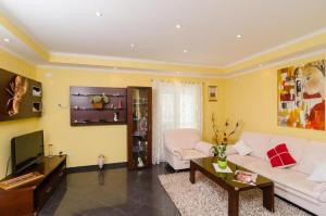 a living room with a white couch and a tv at Family-friendly apartments with swimming pool Vodovadja, Dubrovnik - 24632 in Dubravka