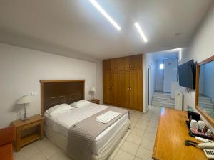 a bedroom with a bed and a desk and a television at Danae Hotel in Egina