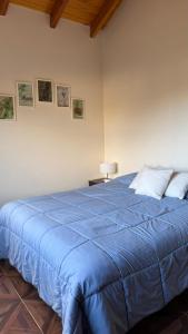 a blue bed with a blue comforter in a bedroom at Esquel Apart Chalet in Esquel