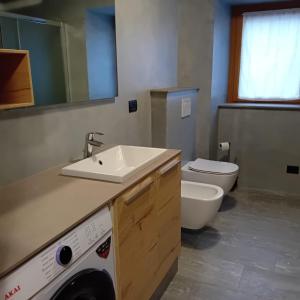 a bathroom with a sink and a washing machine at Casa di Canete in Villa di Chiavenna