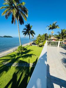 une vue sur une plage avec des palmiers et un sentier dans l'établissement Casa beira mar Angra dos Reis, à Angra dos Reis