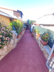 a walkway with potted plants on the side of a building at Casa Rosanna in Porto Ottiolu