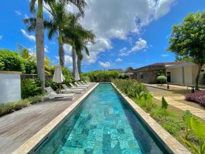 a swimming pool with chairs and palm trees at Comfortable villa with private pool in Grand-Baie