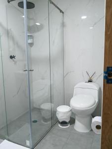 a bathroom with a toilet and a glass shower at Denier House II in Ibagué +13 photos