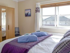 a bedroom with a bed with two blue pillows on it at Signals Court in Scarborough