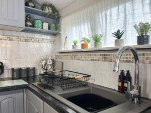 a kitchen sink with a dish rack on it at Lake View Cottage in Belper