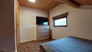 a small bedroom with a bed and a television at Cabana 325 in Cinciş