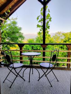 a table and two chairs on a porch with a view at 479 Tiny House, Domeniul von Agodt in Bradu