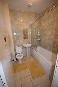 a bathroom with a toilet and a sink and a shower at Cosy 1 Bedroom Flat in Peckham in London