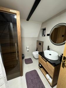 a bathroom with a sink and a toilet and a mirror at Plivska vila 2 in Jajce