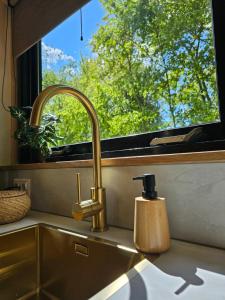 fregadero con grifo y ventana en Tiny House De Bosksjonger, en Westergeest