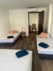 a room with three beds and a table and a chair at Vinný sklípek Drápalík in Milovice +21 photos