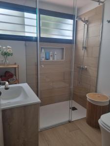 une salle de bain avec douche et lavabo dans l'établissement Breeze Puerto Rico, à Puerto Rico