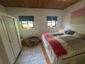 a bedroom with a bed and two windows at Carinthian Freedom Lodge Goritschach in Größing