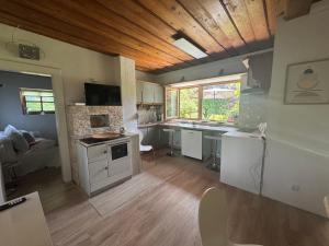 a kitchen with white cabinets and a wooden ceiling at Carinthian Freedom Lodge Goritschach in Größing +25 photos