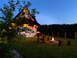 a picnic table with a fire in front of a cabin at Malowany Domek w Górach in Ciche