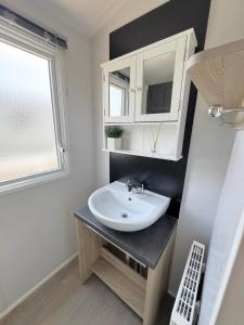 a bathroom with a white sink and a window at Casita De Cuervo at Shorefield Park - WIFI - Pet Friendly - Passes Included in Everton