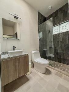a bathroom with a toilet and a sink and a shower at CASA MIA by SERRA HOSPEDAJE in Guadalajara +43 photos