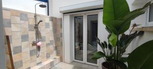 a glass shower in a bathroom with a plant at maison Saint Jean de Luz 6 personnes piscine et jacuzzi in Saint-Jean-de-Luz