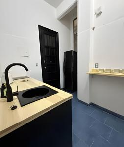 a kitchen with a sink and a black refrigerator at A metros de todo - Moderno. Hasta 7 pax. #26 in Buenos Aires