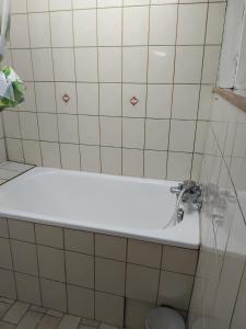 Saint-MesminLogement atypique的带白色浴缸和水槽的浴室