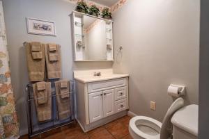 a bathroom with a toilet and a sink and a mirror at Atlantic Winds Condos in Myrtle Beach +55 photos