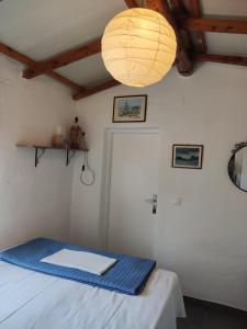 a room with a bed with a blue blanket and a lamp at Myrovolos in Armenistis