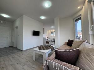 a living room with a couch and a tv at Villa Dana in Ohrid
