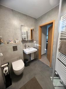 a bathroom with a white toilet and a sink at Ferienwohnung Am Philosophenweg in Hachenburg +13 photos