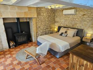 a bedroom with a bed and a wood stove at Cottage de la Plante in Thuré