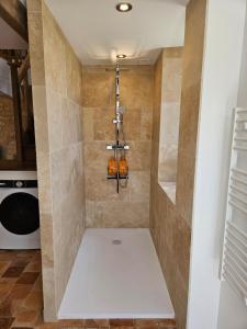 a walk in shower in a kitchen with a chandelier at Cottage de la Plante in Thuré +25 photos
