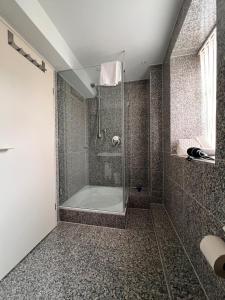 a bathroom with a shower with a glass door at Gruppenhaus Harzer Glückauf in Langelsheim