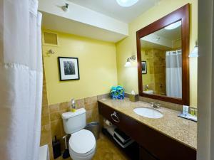 a bathroom with a toilet and a sink and a mirror at Idyllic Yet Simple Oceanfront Resort Stay in Lihue +23 photos