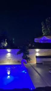 ein Schwimmbad bei Nacht mit blauen Lichtern in der Unterkunft Amare suite in Perivólia + 79 Fotos