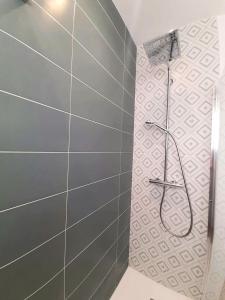 a shower in a bathroom with a tile wall at Downtown Apartment with Parking Amboise 2 in Vannes
