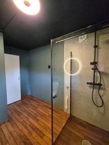 a shower in a room with a glass door at Granli-Apartment in Stryn