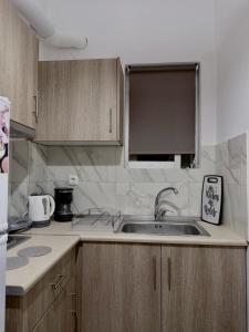 a kitchen with a sink and wooden cabinets at Rozy Studios in Pefki +24 photos
