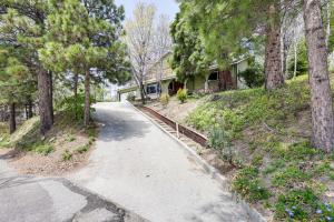 a driveway leading to a house with trees at Private Hot Tub at Dog-Friendly Lake Arrowhead Gem in Lake Arrowhead