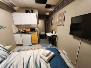 a small room with a bed and a kitchen at Base apartments ap 207 - Capital region of Reykjavík in Hafnarfjörður