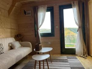a living room with a couch and two windows at Brvnare Puljci 2 in Nova Varoš